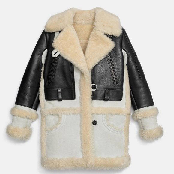 Coach Biker Sheepskin & Leather Coat Black Natural Made in Italy - Picture 12 of 16